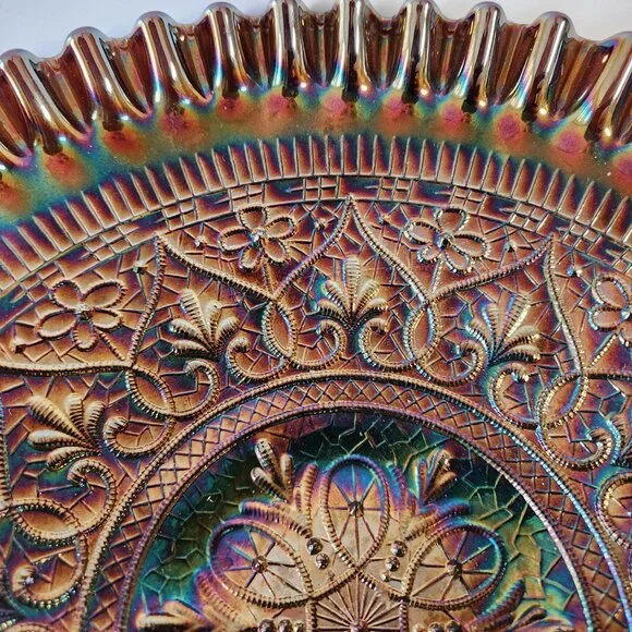 Fenton Carnival Glass Bowl Iridescent Ruffled Edge Hearts Pattern 11" Bowl - Picture 5 of 12